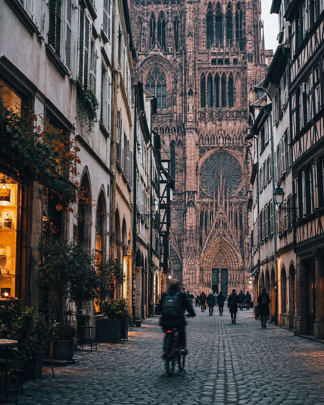Ruelle de Strasbourg menant à la façade de grès rose de la cathédrale