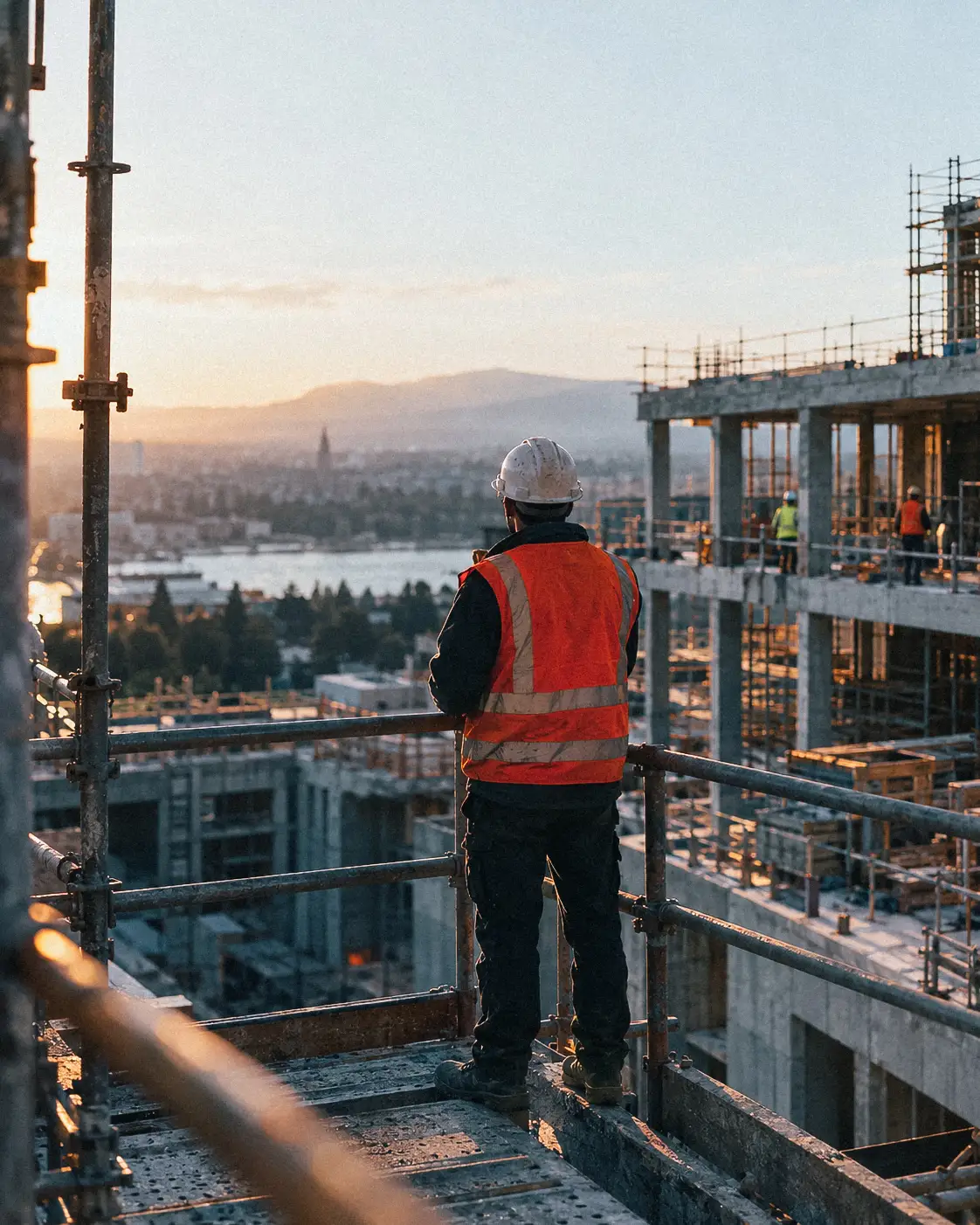 Chef de chantier sur un échafaudage au coucher du soleil
