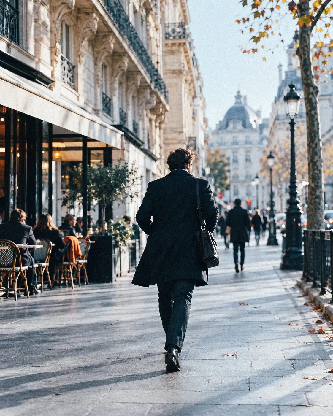 Commercial marchant dans une rue haussmannienne entre deux rendez-vous