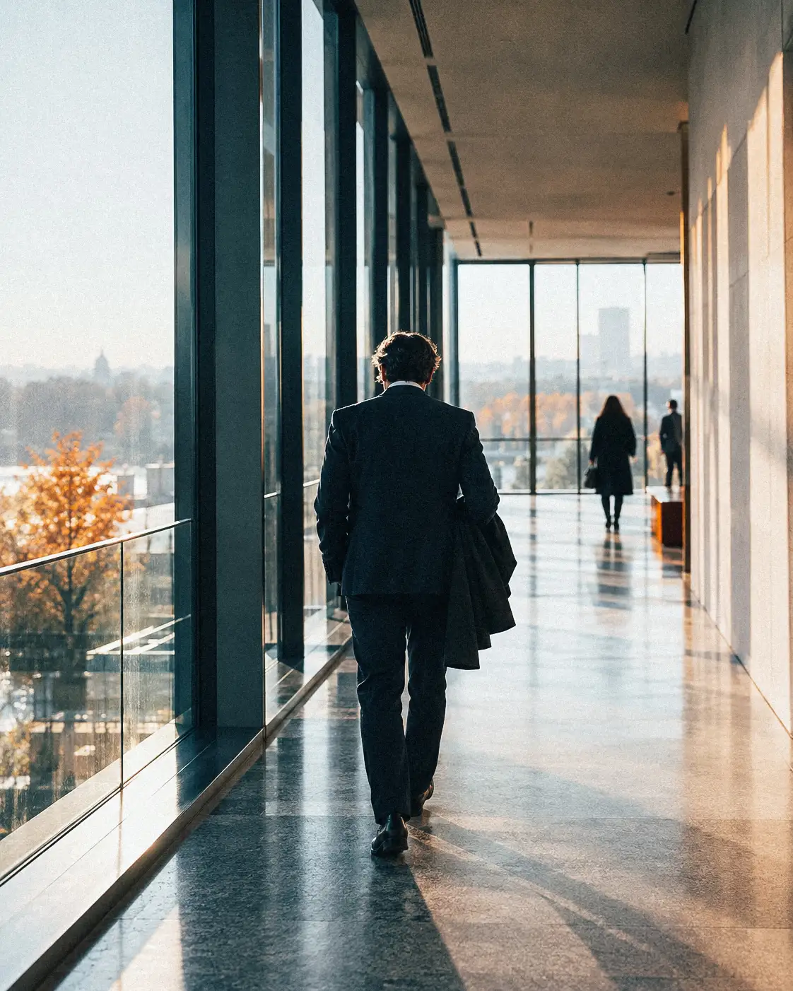 Executive in a glass corridor at headquarters