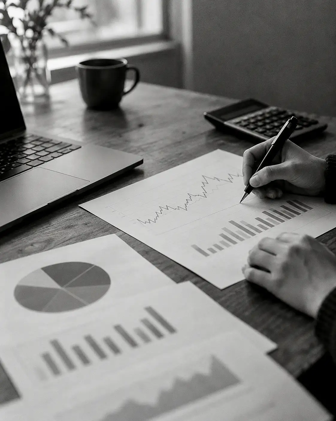 Analyse de graphiques financiers sur un bureau, en noir et blanc