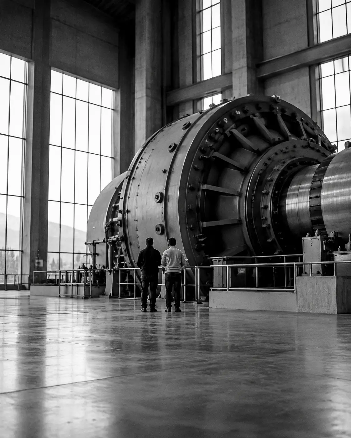 Ingénieurs devant une grande machine dans un hall d'essais, en noir et blanc