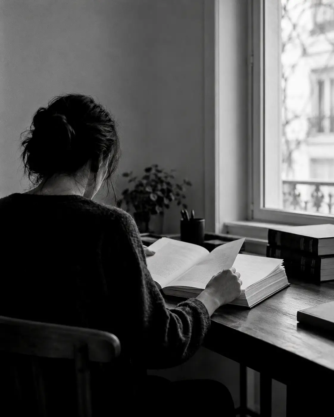 Juriste lisant un contrat, en noir et blanc