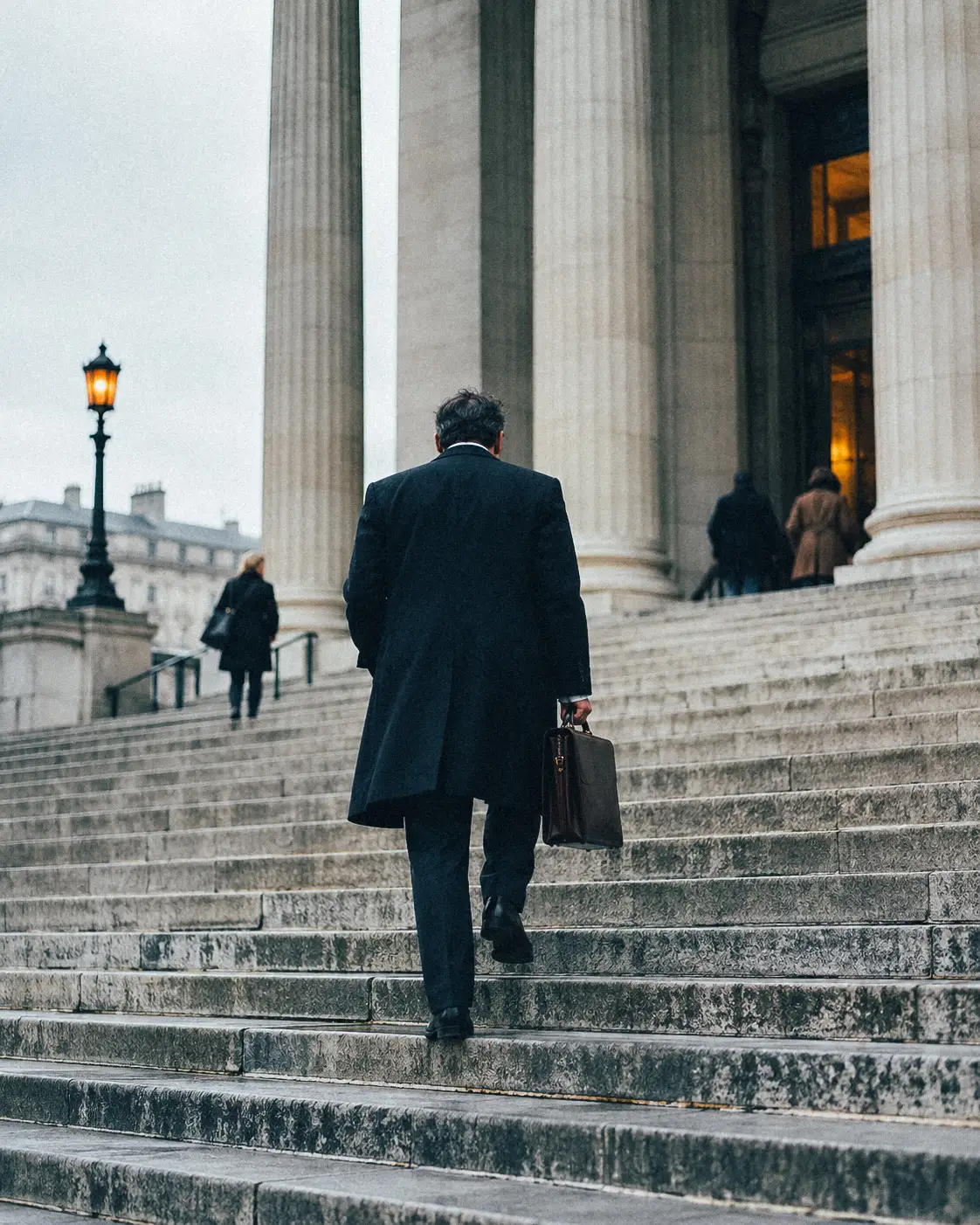 Juriste montant les marches d'un palais de justice