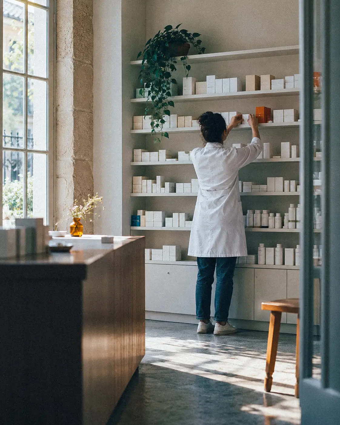 Pharmacienne rangeant des boîtes de médicaments
