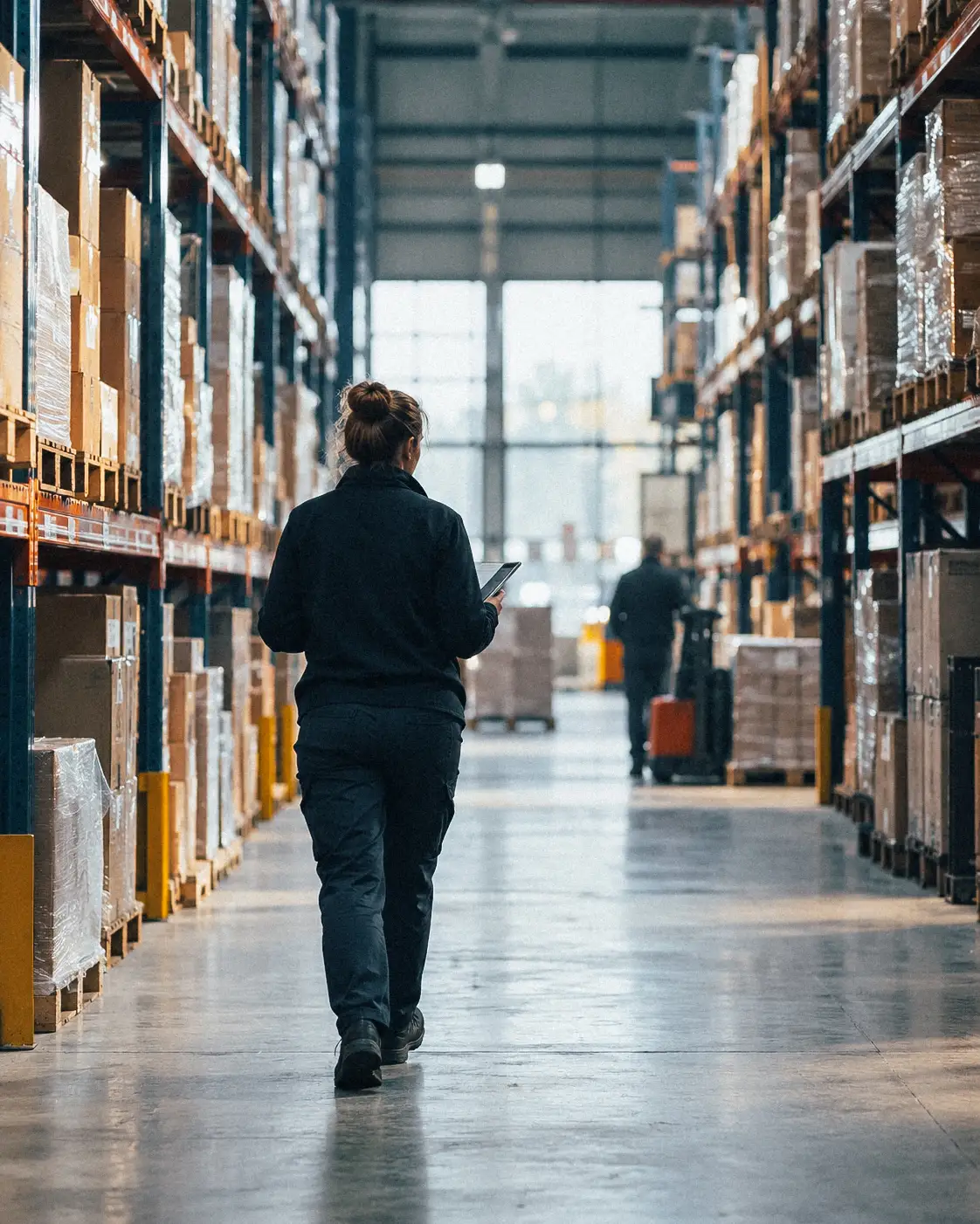 Responsable supply chain dans les allées d'un entrepôt