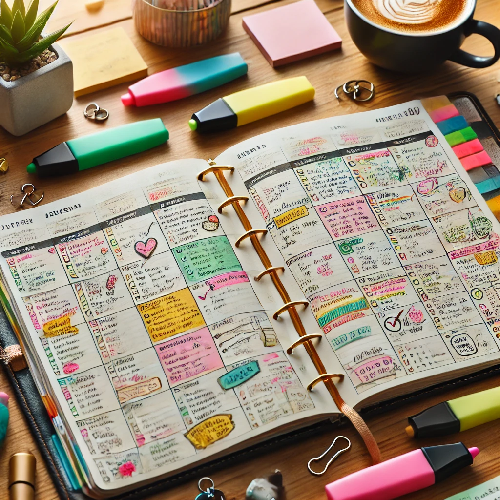 Agenda ouvert sur un bureau en bois, rempli d'annotations colorées, de cases cochées et de tâches organisées. Autour, des surligneurs, une tasse de café et des post-it créent une ambiance productive et inspirante.